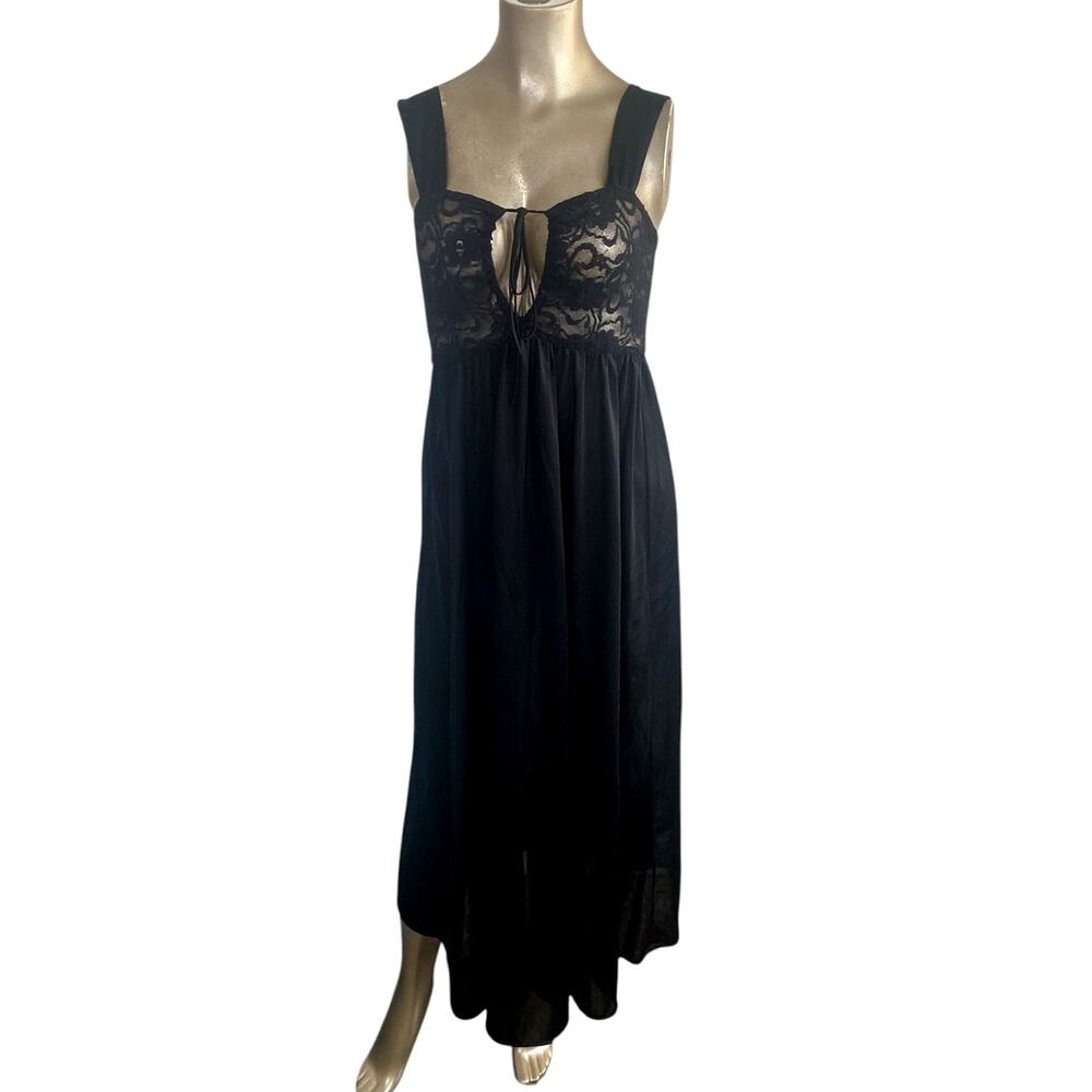 Vintage Ventura Black Nylon Lace Nightgown Slip Dress Keyhole Sz M Coquette 90s